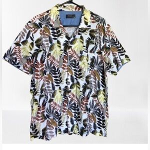 Men's Tropical Leaf Print Cotton Short Sleeve Button Up Shirt XL